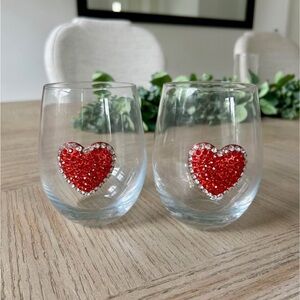 New Two Stemless Wine Glasses Clear Glass Red Heart Pattern Decorated Set